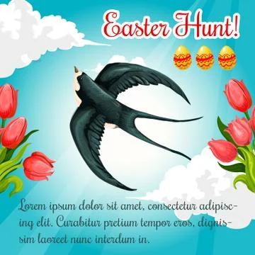 Easter poster swallow, paschal eggs vector flowers Stock Illustration