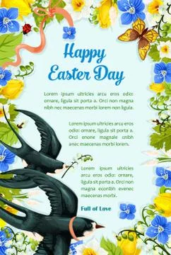 Easter poster swallows, vector paschal flowers Stock Illustration