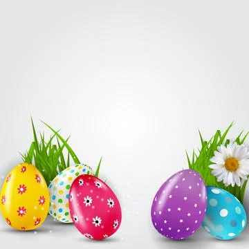 Easter poster template with 3d realistic Easter eggs and paint. Template for  Stock Illustration