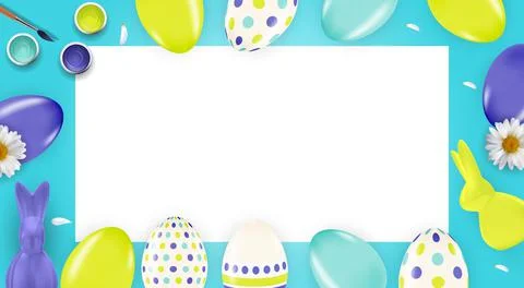 Easter poster template with 3d realistic Easter eggs and paint. Template for  Stock Illustration