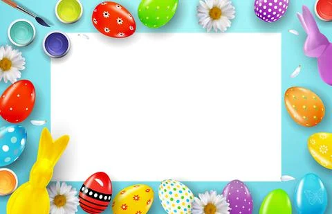 Easter poster template with 3d realistic Easter eggs and paint. Template for  Stock Illustration