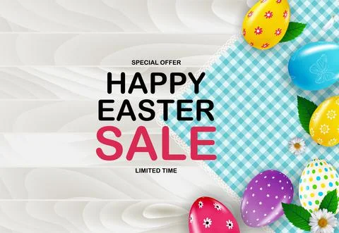 Easter poster template with 3d realistic golden Easter eggs. Template for adv Stock Illustration