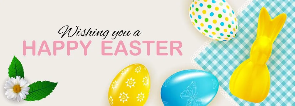 Easter poster template with 3d realistic Easter eggs and paint. Template for  Stock Illustration
