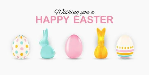 Easter poster template with 3d realistic Easter eggs and paint. Template for  Stock Illustration