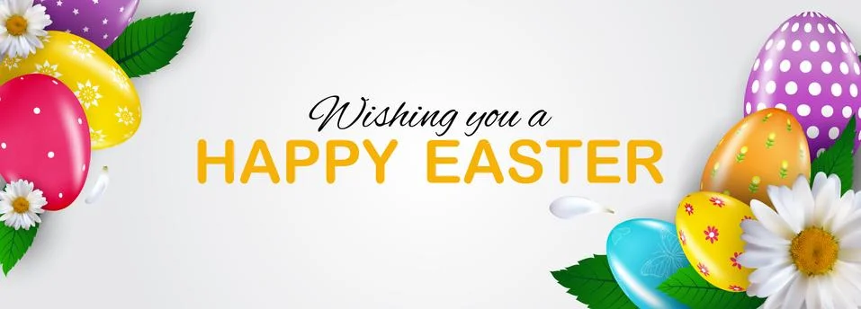 Easter poster template with 3d realistic Easter eggs and paint. Template for  Stock-Illustration