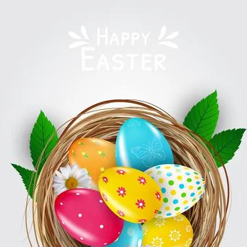 Easter poster template with 3d realistic eggs in nest. Template for advertisi Stock Illustration