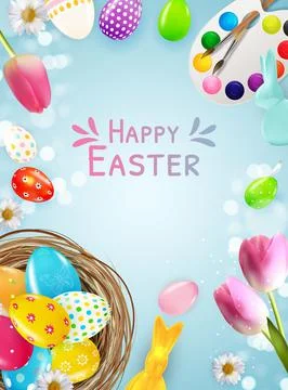Easter poster template with 3d realistic eggs, paint. Template for advertisin Stock Illustration