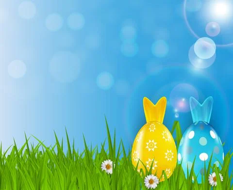 Easter poster template with 3d realistic eggs, grass and spring background. Stock Illustration