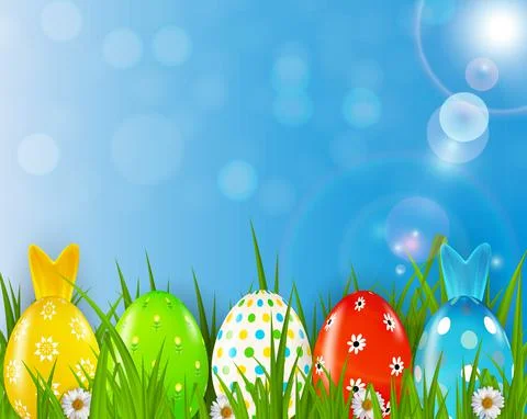Easter poster template with 3d realistic eggs, grass and spring background. Stock Illustration