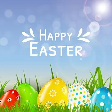 Easter poster template with 3d realistic eggs, spring background.  Template f Stock Illustration
