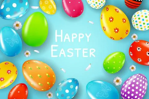 Easter poster template with 3d realistic eggs, spring blue background. Templa Stock Illustration