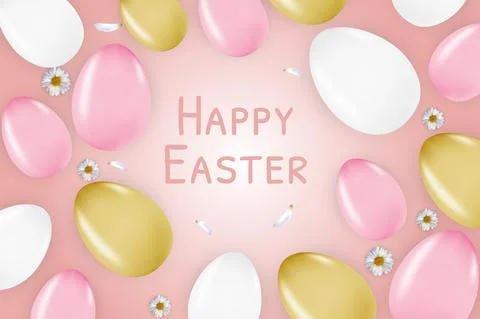 Easter poster template with 3d realistic eggs, spring pink background. Templa Stock Illustration