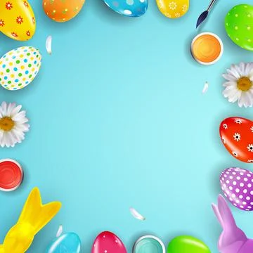 Easter poster template with 3d realistic eggs, paint. Template for advertisin Stock Illustration
