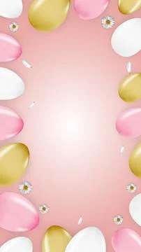 Easter poster template with 3d realistic eggs, spring pink background. Templa Stock Illustration