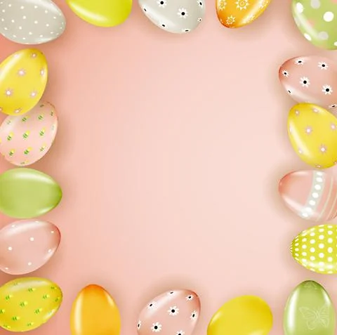 Easter poster template with 3d realistic Easter eggs. Template for advertisin Stock Illustration