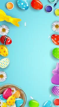 Easter poster template with 3d realistic eggs, paint. Template for advertisin Stock Illustration