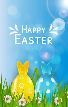 Easter poster template with 3d realistic eggs, grass and spring background. T Stock Illustration