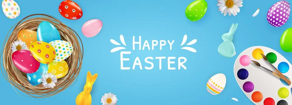 Easter poster template with 3d realistic Easter eggs, nest, paints, bunny. Te Stock Illustration