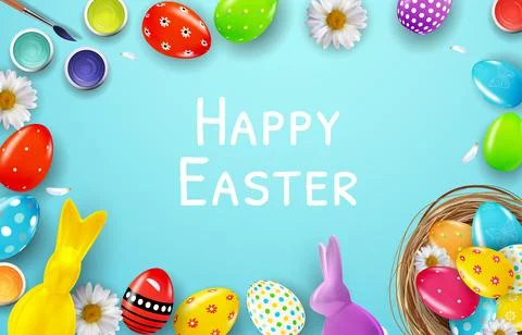 Easter poster template with 3d realistic eggs, paint. Template for advertisin Stock Illustration