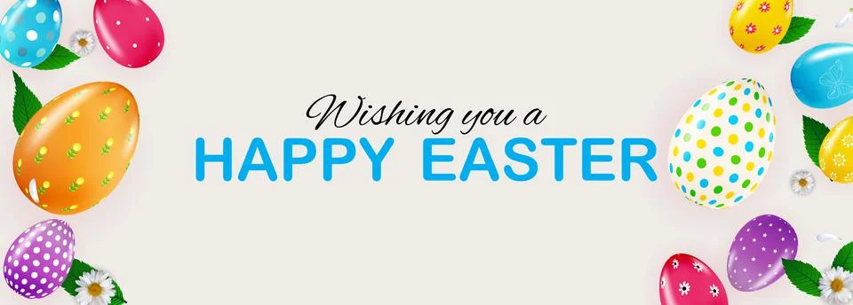Easter poster template with 3d realistic Easter eggs and paint. Template for  Stock Illustration