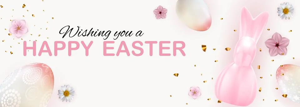 Easter poster template with 3d realistic Easter eggs and paint. Template for  Stock Illustration