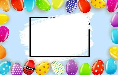 Easter poster template with 3d realistic Easter eggs and paint. Template for  Stock Illustration