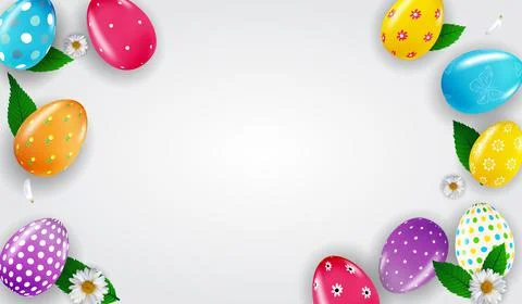 Easter poster template with 3d realistic Easter eggs and paint. Template for  Stock Illustration