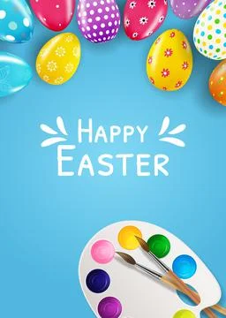 Easter poster template with 3d realistic Easter eggs. Template for advertisin Stock Illustration