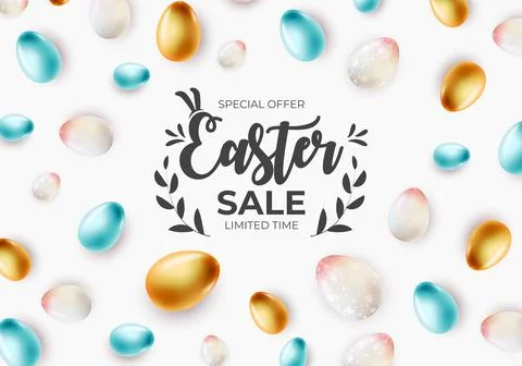 Easter poster template with 3d realistic Easter eggs. Template for advertisin Stock Illustration