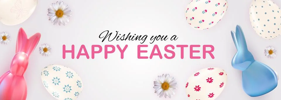 Easter poster template with 3d realistic Easter eggs and paint. Template for  Stock Illustration