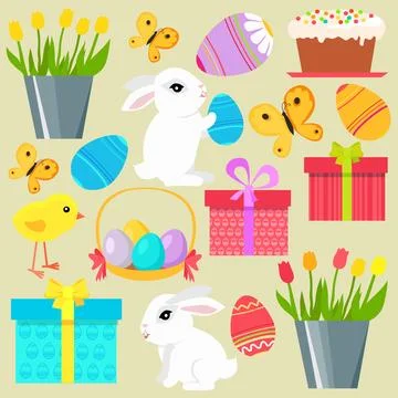 Easter poster template with Easter eggs and cute bunny on yellow background with Stock Illustration