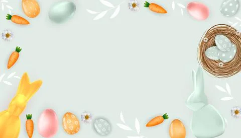 Easter poster template frame with 3d realistic Easter eggs, bunny and Carrot. Stock Illustration