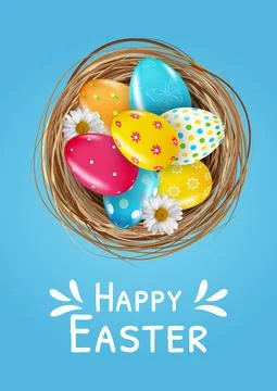 Easter poster template set with 3d realistic  Easter eggs in nest.  Template  Stock Illustration