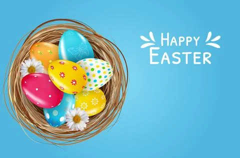 Easter poster template set with 3d realistic Easter eggs in nest. Template fo Stock Illustration
