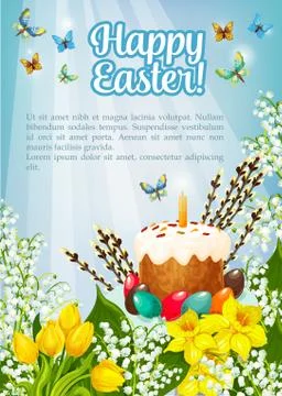 Easter poster vector paschal cake, eggs, flowers Illustrazione stock