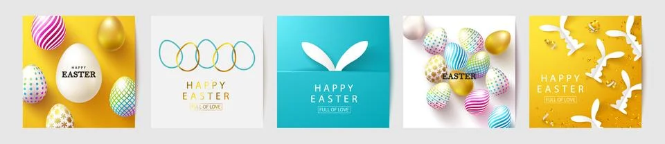 Easter posters or flyers design set with colorful eggs and paper bunnies. Vector Illustrazione stock