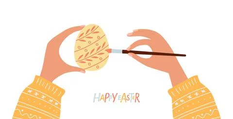 Easter preparations. Woman coloring Easter egg with paint brush. Easter eggs 스톡 일러스트