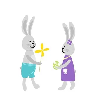Easter presents. Bunnies give each other easter gifts. Pair. Egg, flower. Flat Ilustração Stock