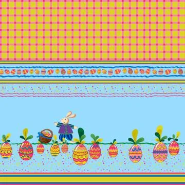 Easter print for home textiles. Cute bunny collecting Easter eggs. Illustrazione stock