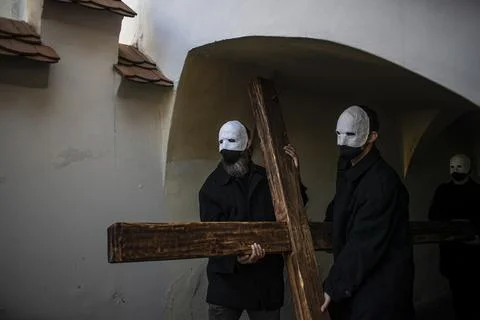 Easter procession amid coronavirus in Czech Republic, Trebon - 02 Apr 2021 스톡 사진
