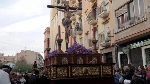 Easter Procession Parade with Sculpted Religious Figure in Alicante, Spain Stock Footage 332202494