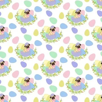 Easter Pug wearing bunny ears seamless pattern Stock Illustration