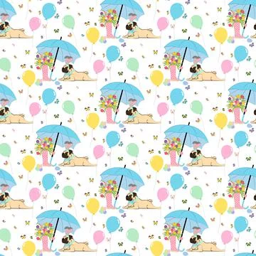 Easter Pug wearing bunny ears seamless pattern Stock Illustration