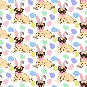 Easter Pug wearing bunny ears seamless pattern Stock Illustration