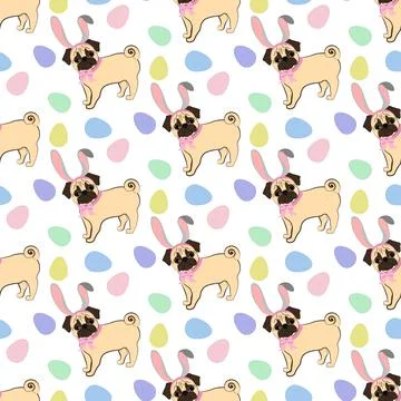 Easter Pug wearing bunny ears seamless pattern Stock Illustration