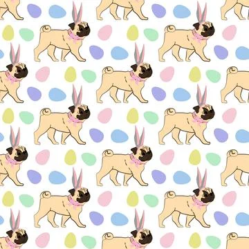 Easter Pug wearing bunny ears seamless pattern Stock Illustration
