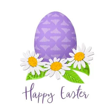Easter purple egg and daisy wreath. Decorated festive egg with simple abstract 스톡 일러스트