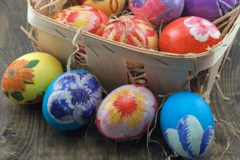Easter  . pysanka: Colorful  Easter Eggs in  basket Stock Photos