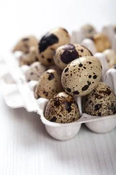 Easter quail eggs in container on bright background Stock Photos