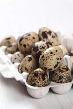 Easter quail eggs in container on bright background 스톡 사진